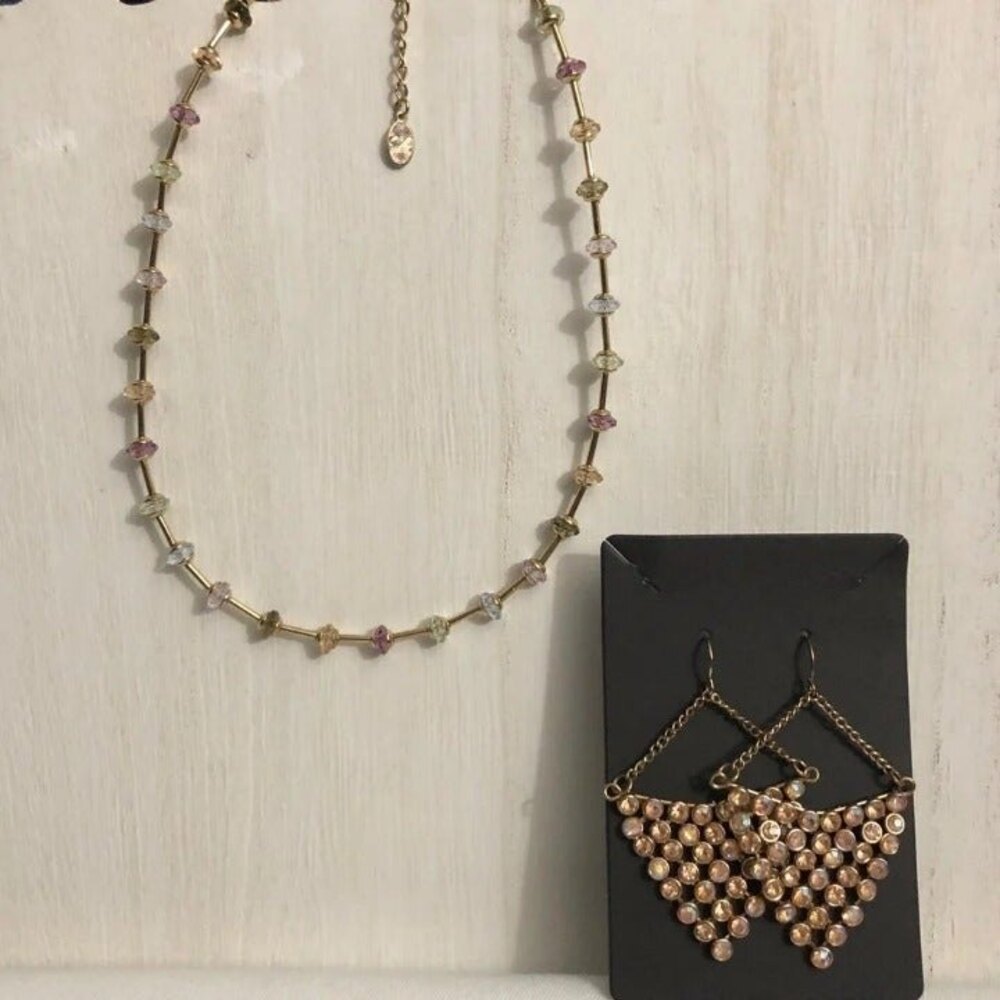 Beaded Rhinestone Necklace & Chandelier Earrings Gold Tone